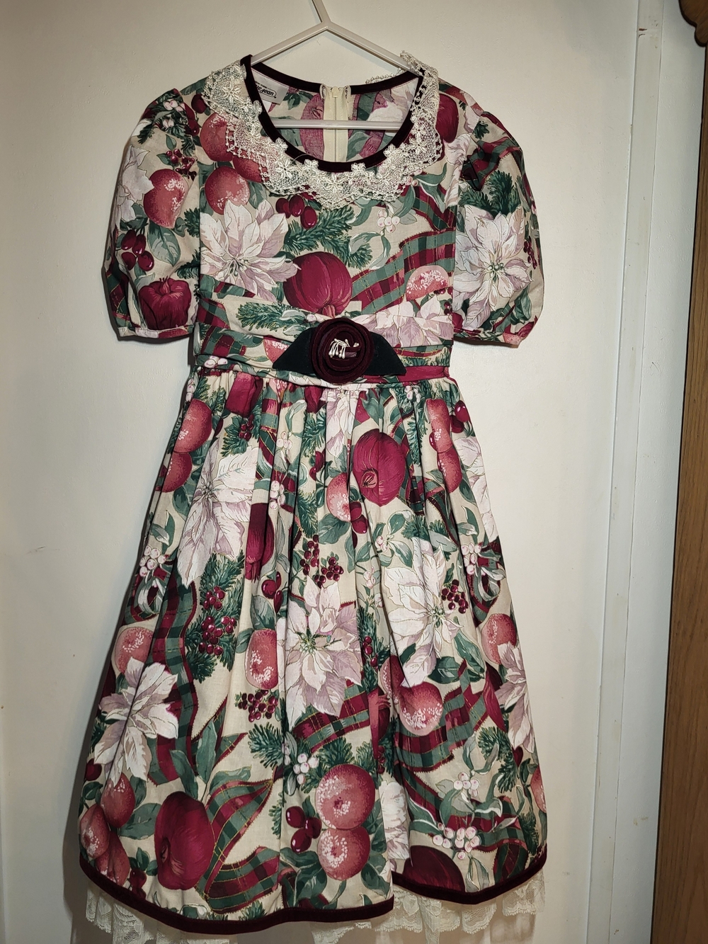 Vintage Bonnie Jean Cream Dress with Red and Green Holiday Floral Print